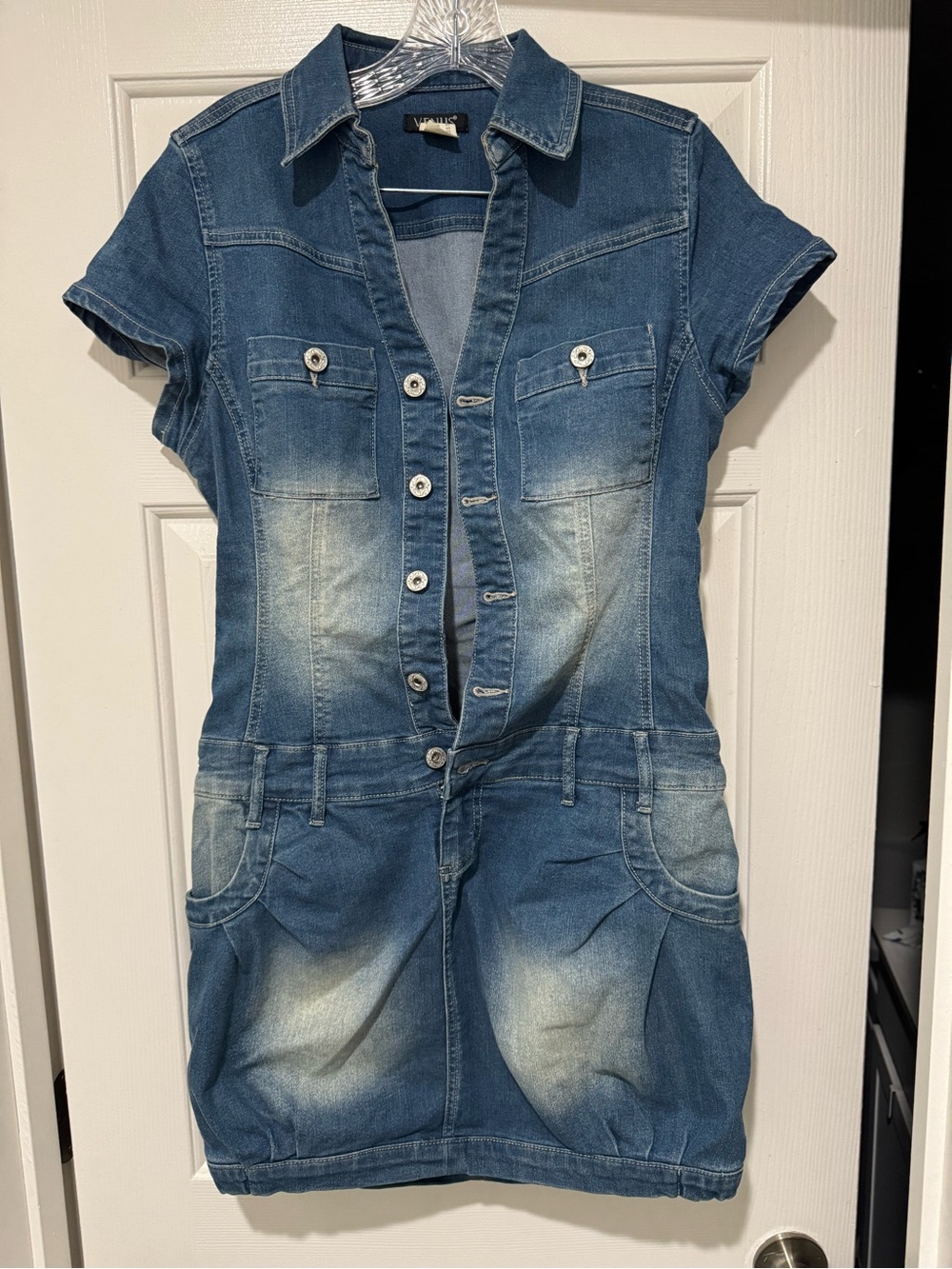 Venus Denim Button-Up Bubble Hem Mini Dress - Blue